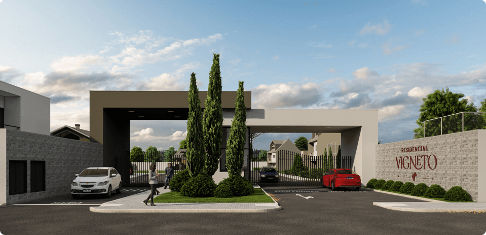 Imagem renderizada da fachada do Residencial Vigneto, que mostra o portão de entrada para carros e pedestres